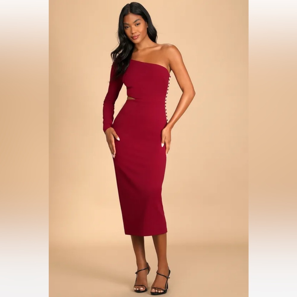Lulus Truly Tempted Burgundy One-Shoulder Cutout Midi Dress M